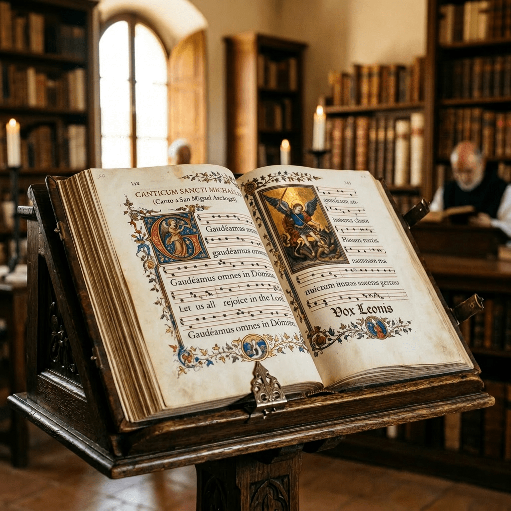 Medieval illuminated manuscript with musical notes and illustrations on display in library