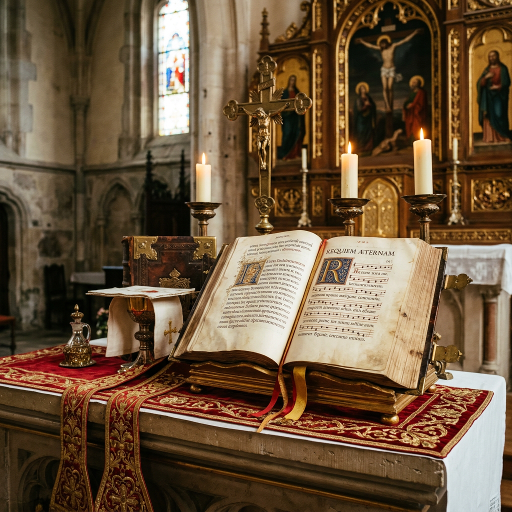 Church altar with open medieval hymn books, three lit candles, crucifix, and red decorated cloth